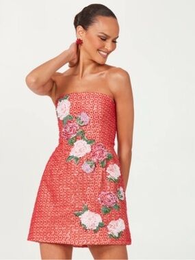 Strapless Coral Floral Embroidered Mini Dress